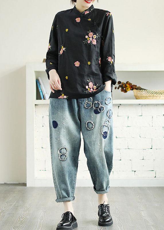 Black Embroideried Stand Collar Button Fall Long Sleeve Shirt
