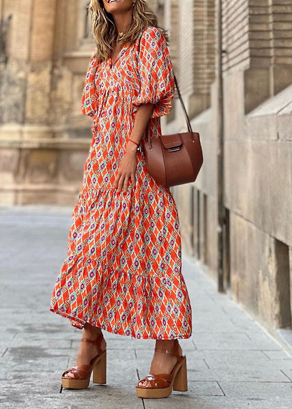 Orange Lace Up Patchwork Print Exra Large Hem Long Dresses Lantern Sleeve