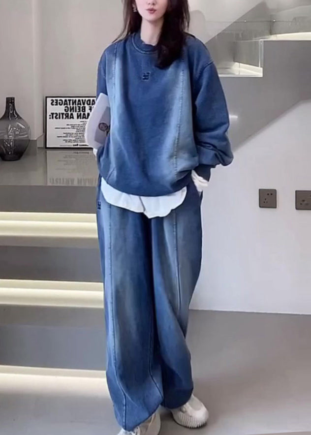 Blue O Neck Tops and Pants Denim Two Piece Set Outfits Fall