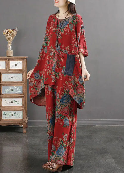 Red Print Pockets Patchwork Tops and Pants Cotton Two Pieces Set Summer