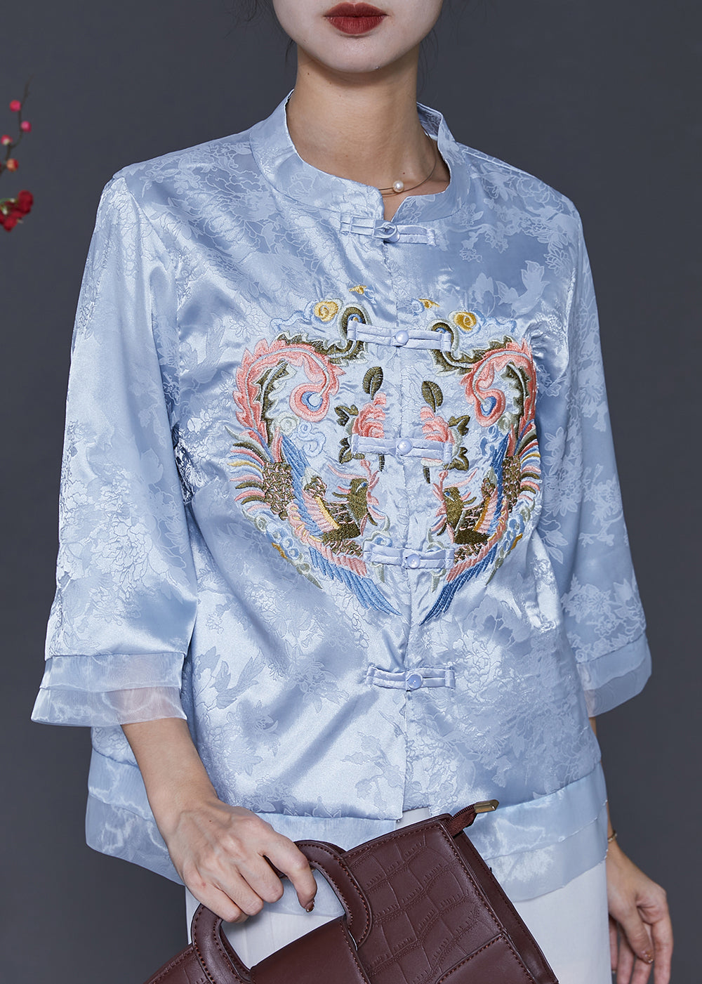 Blue Embroidered Patchwork Oriental Silk Blouses Spring
