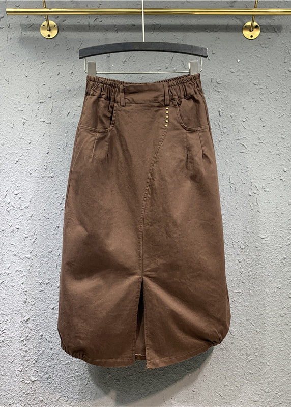 Khaki Wrinkled Pockets Patchwork Cotton Skirts Fall