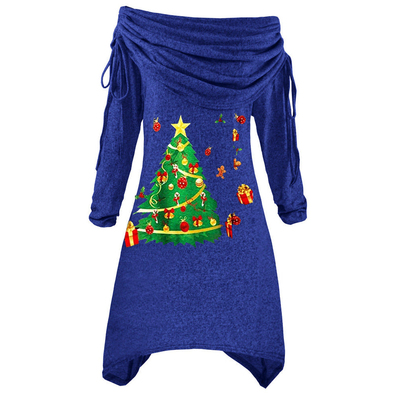 Women's Casual Christmas Dress with Off-Shoulder Design and Festive Print