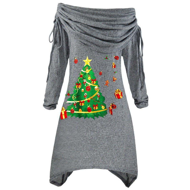 Women's Casual Christmas Dress with Off-Shoulder Design and Festive Print