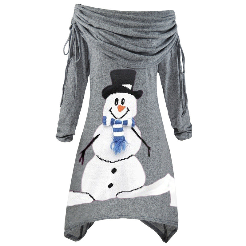 Women's Casual Christmas Dress with Off-Shoulder Design and Snowman Motif