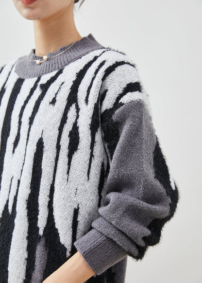 Diy Grey Oversized Jacquard Knit Pullover Winter