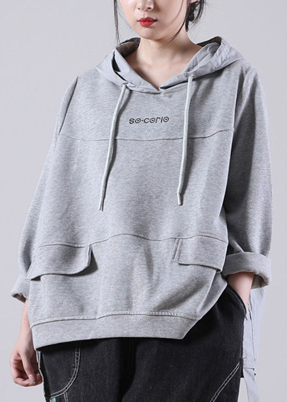 Comfy Grey Hooded Drawstring Graphic Fall Patchwork Sweatshirts Top