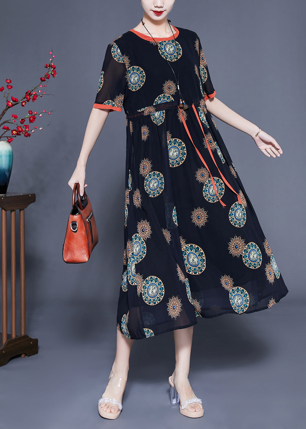 Black Cinched Print Chiffon Long Dress Summer