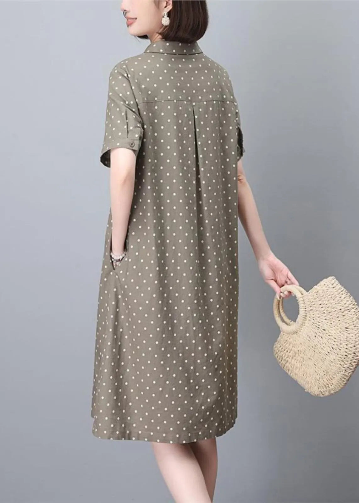 Khaki Peter Pan Collar Dot Print Work Dress Summer