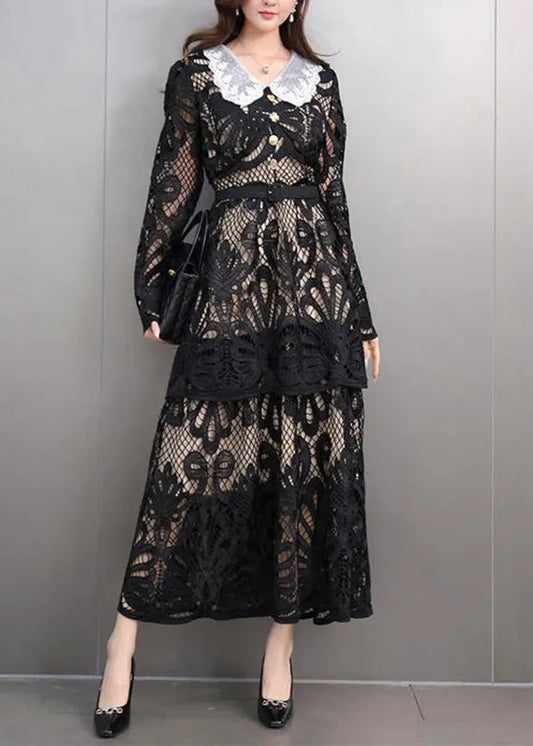 Black Peter Pan Collar Lace Long Dress Spring