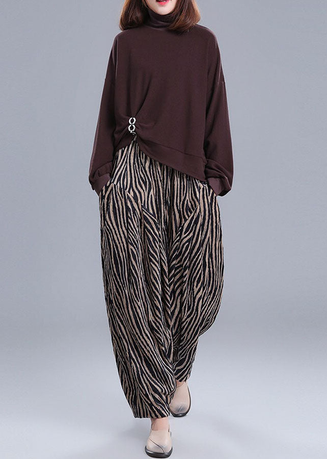 Simple Khaki Striped Pockets Lantern Fall Pants