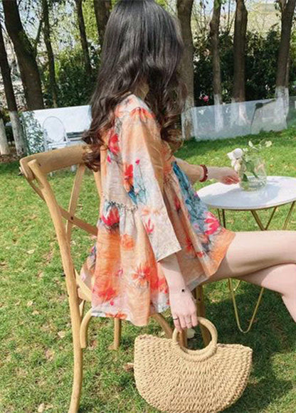 Green V Neck Print Linen Shirt Bracelet Sleeve