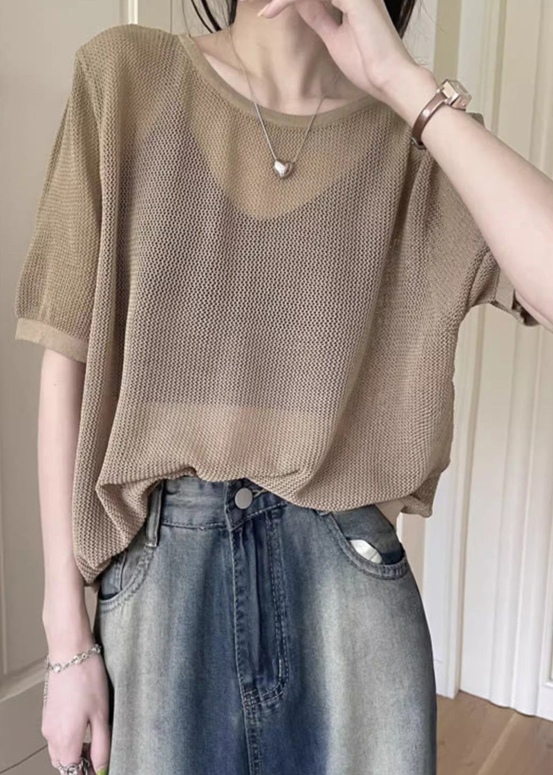 Khaki O Neck Hollow Out Knit T Shirt Summer