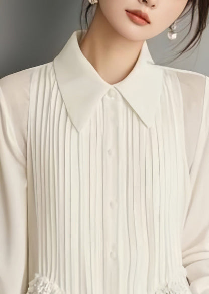 Art White Button Lace Chiffon Blouses Spring