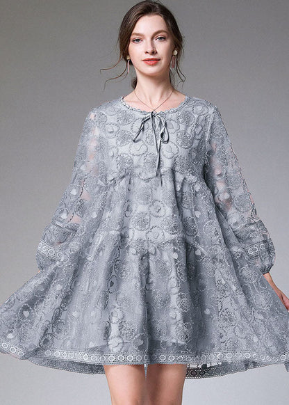 Blue Grey Hollow Out Lace Maxi Dress O-neck Embroideried Long Sleeve