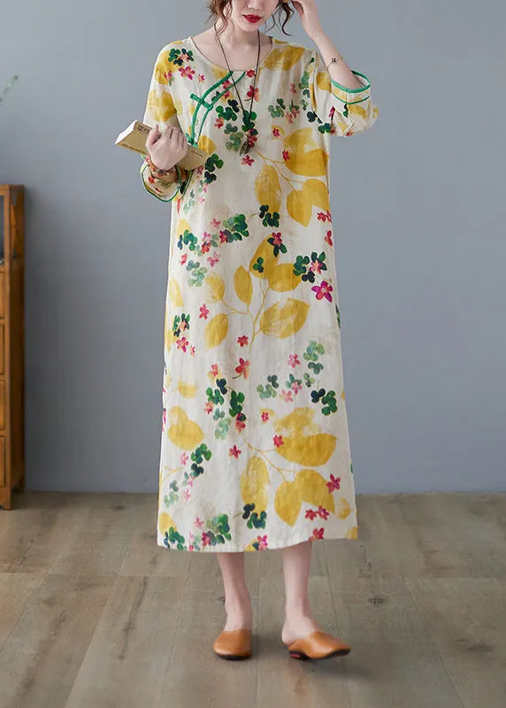 Yellow Side Open O-neck Print Cotton Loose Dress Three Quarter Sleeve