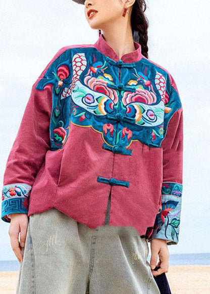Unique Red Button Stand Collar Embroideried Corduroy Coat Spring