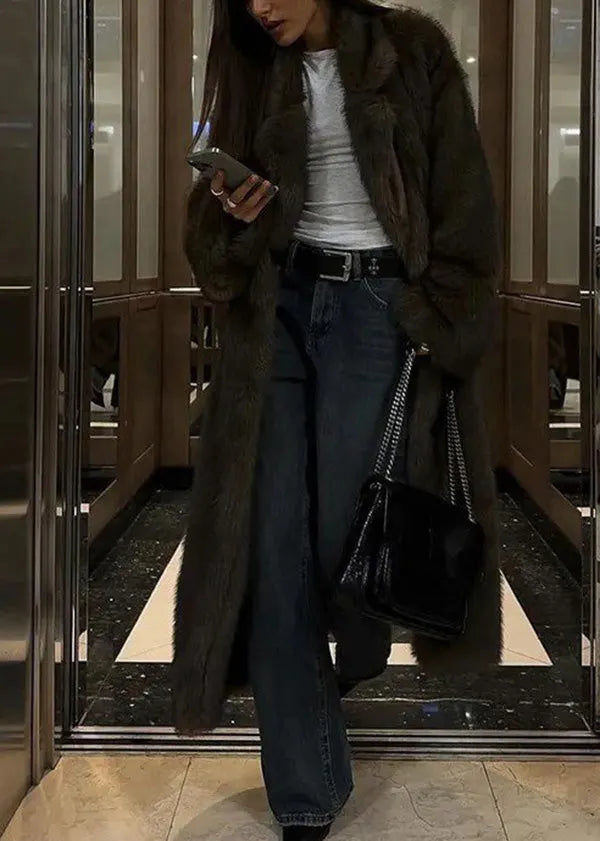 Brown Peter Pan Collar Pockets Faux Fur Coats Winter