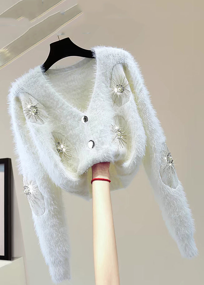 Pink V Neck Zircon Thick Mink Hair Knitted Sweater Winter