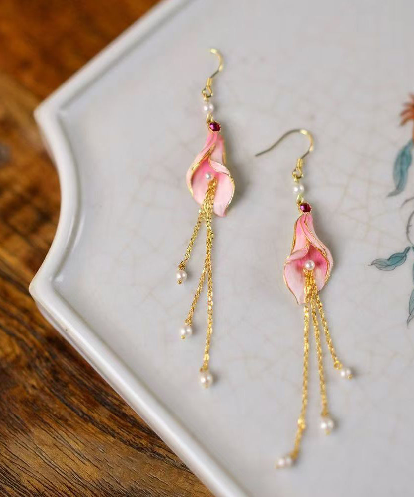 Pink Sterling Silver Overgild Pearl Horseshoe Lotus Tassel Drop Earrings