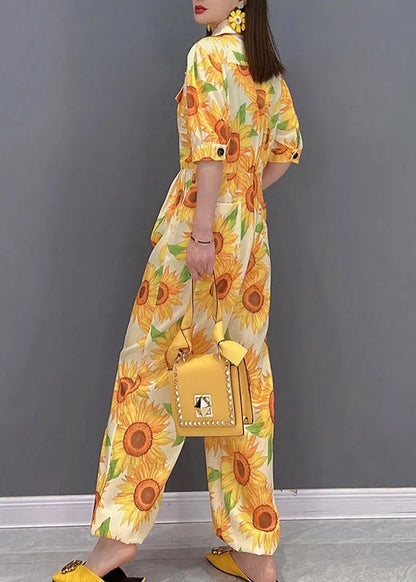 Slim Fit Yellow Peter Pan Collar Button Pockets Print Overalls Jumpsuit Short Sleeve