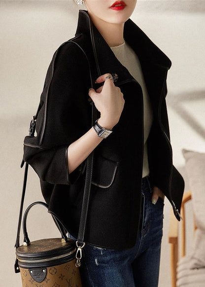 Grey Stand Collar Zippered Patchwork Woolen Coats Fall