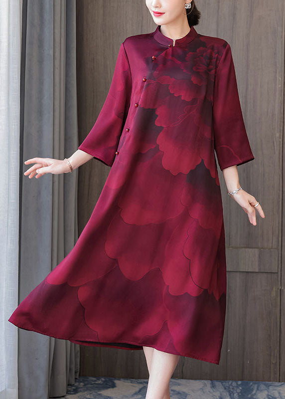 Red Stand Collar Print Silk Robe Dresses Bracelet Sleeve Spring