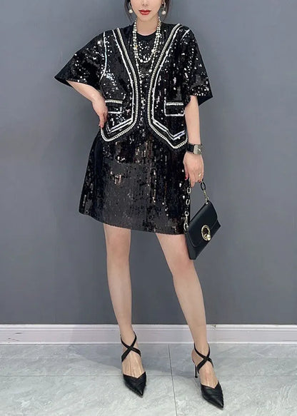 Handmade Black Sequins Patchwork False Two Pieces Dresses Spring