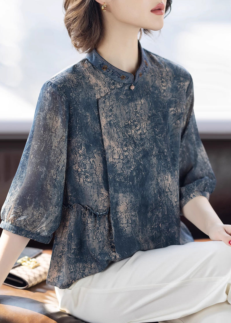 Stylish Blue O-neck Print Chiffon Shirts Three Quarter Sleeve