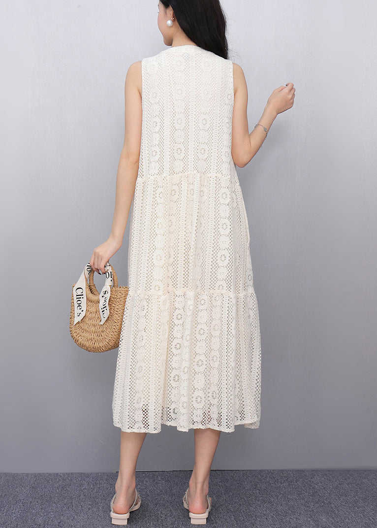 Simple White Hollow Out Tulle a Line Dress Sleeveless