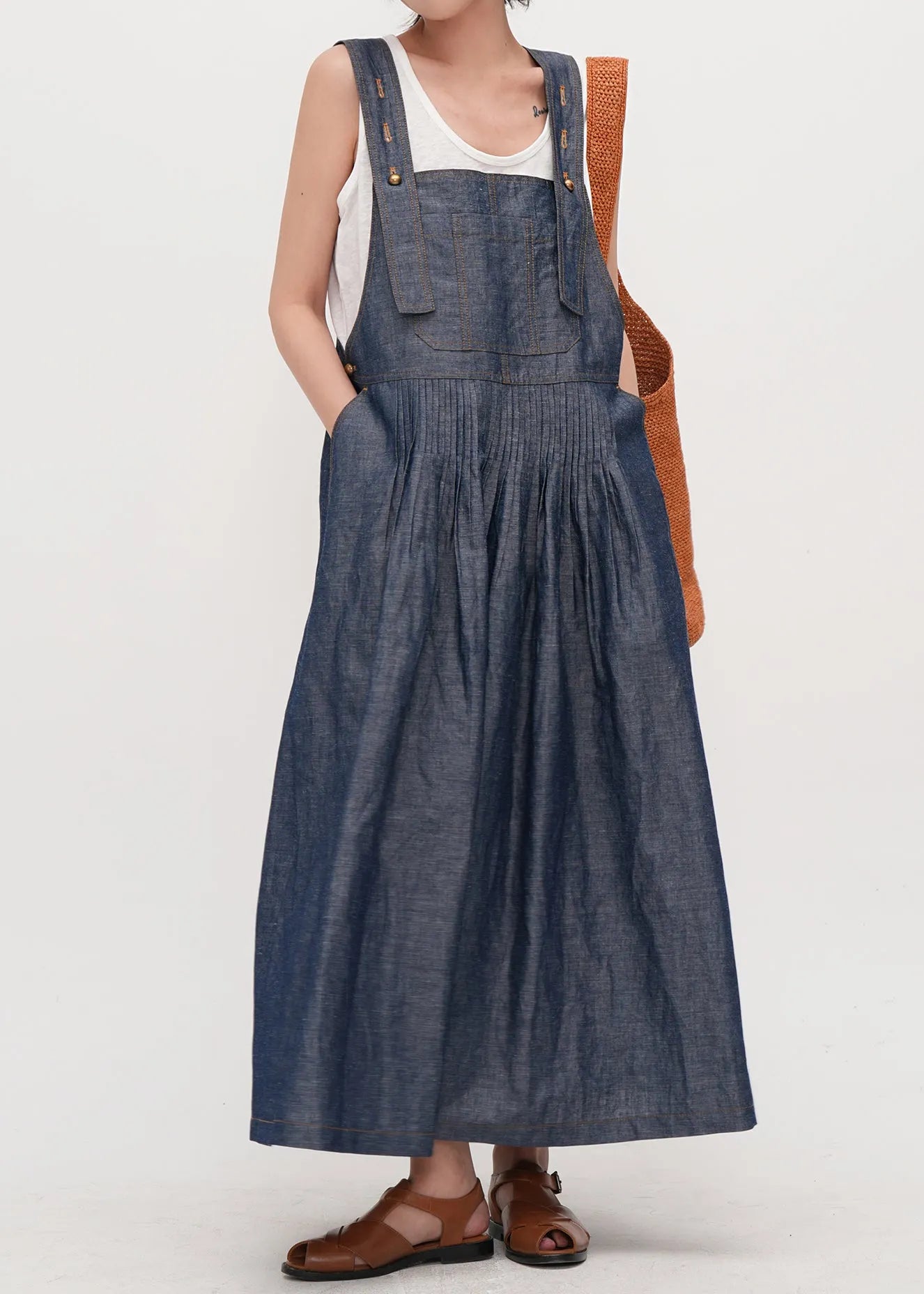 Italian Navy Oversized Wrinkled Denim Cami Dresses Summer