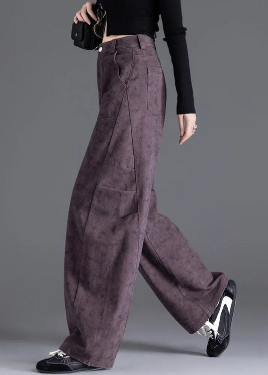 Purple Pockets Print Wrinkled Denim Pants Spring