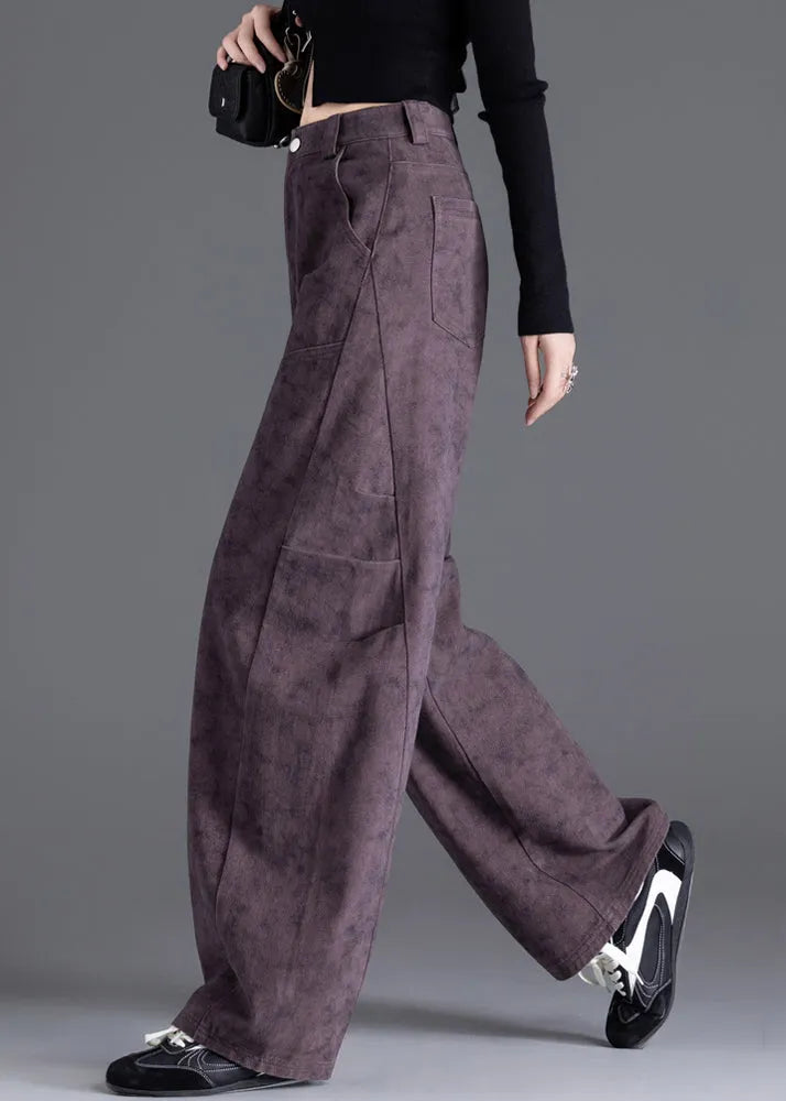 Purple Pockets Print Wrinkled Denim Pants Spring