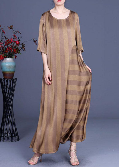 Natural Chocolate Striped O-neck Summer Silk Party Dress