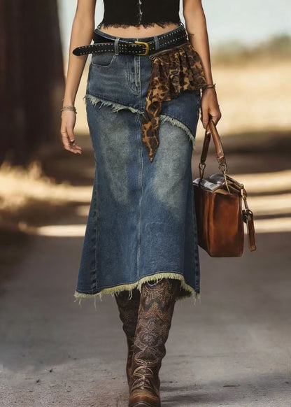 New Blue Fringed Fish Tail Denim Skirt Spring