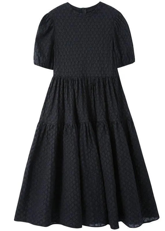 Simple Black Patchwork Puff Sleeve Summer Cotton Long Dresses