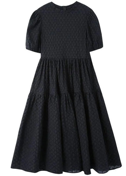 Simple Black Patchwork Puff Sleeve Summer Cotton Long Dresses