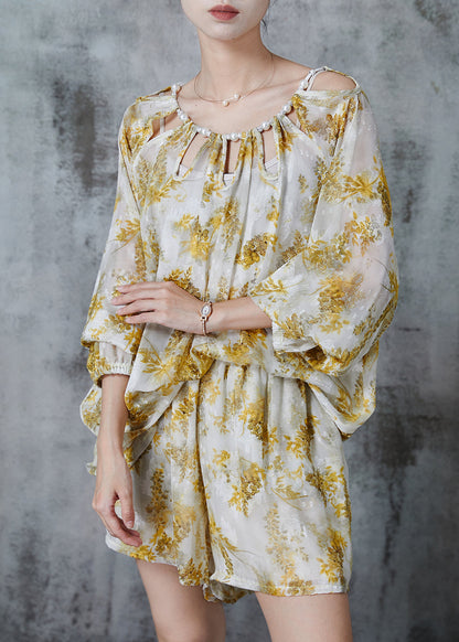 Boutique Yellow Print Hollow Out Chiffon Sets 2 Pieces Summer