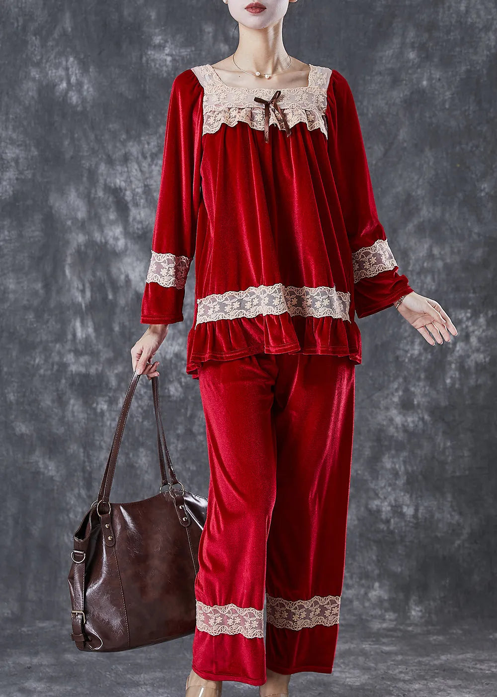 Mulberry Square Collar Lace Patchwork Silk Velour Two Pieces Set Fall