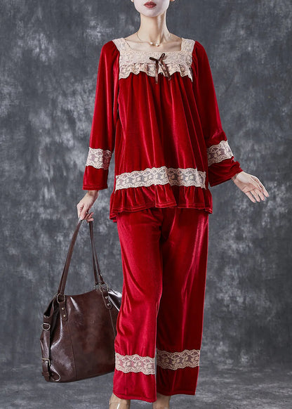 Mulberry Square Collar Lace Patchwork Silk Velour Two Pieces Set Fall