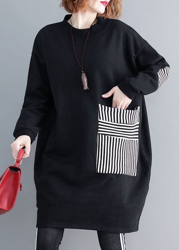 Black O-neck Striped Patchwork Mid Dress Long Sleeve
