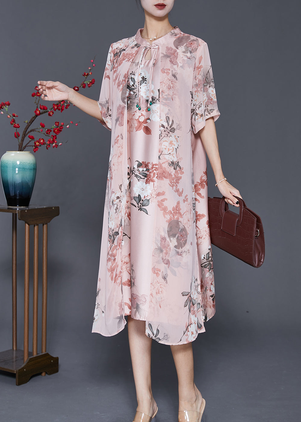 Pink Tasseled Print Silk Maxi Dress Summer
