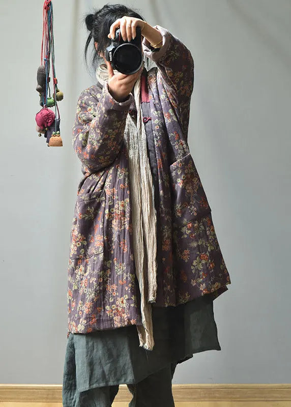 Purple V Neck Pockets Print Fine Cotton Filled Winter Coats