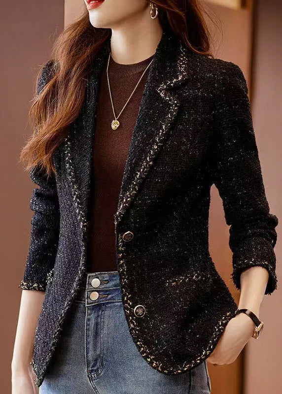 Fitted Black Notched Patchwork Woolen Coats Spring