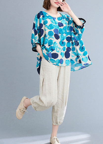 Blue O-neck Ruffled Dot Print Cotton Loose Blouses Short Sleeve