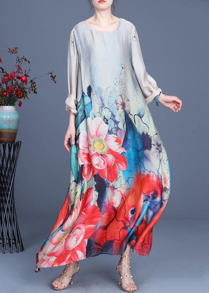 Grey Print Asymmetrical Design Silk Summer Mid Dress