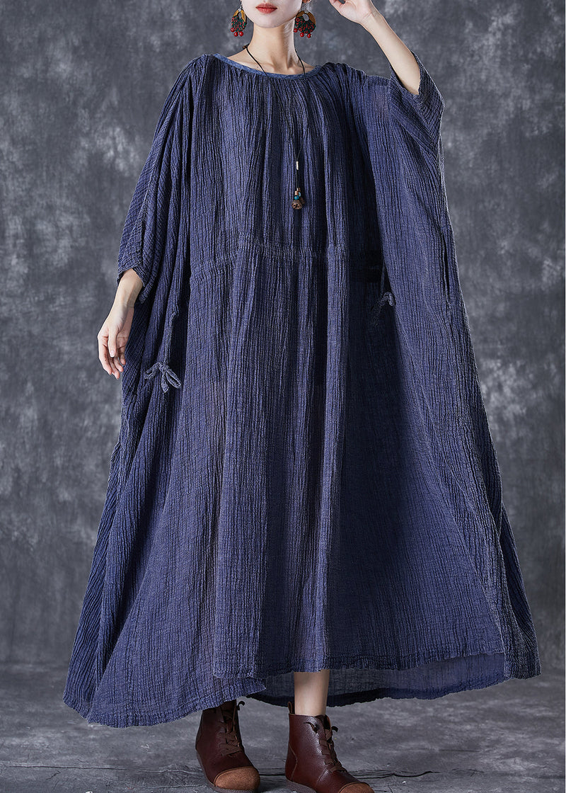 Navy Oversized Drawstring Linen Long Smock Dresses Fall