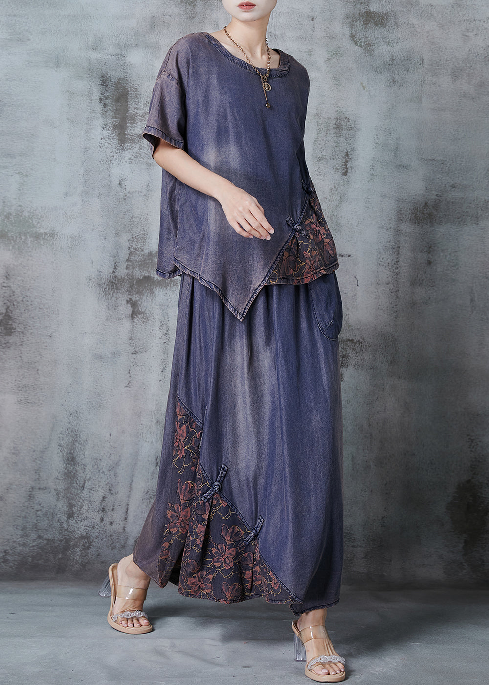 Diy Blue Asymmetrical Patchwork Chinese Button Denim Two Piece Suit Set Summer