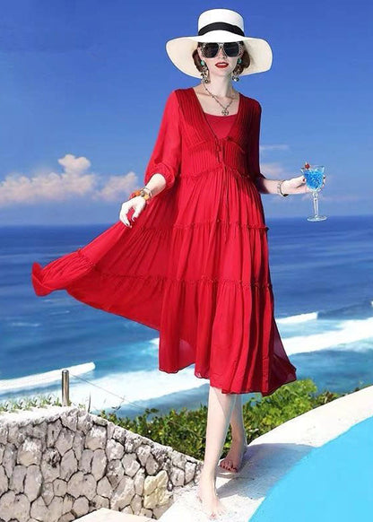 Red Patchwork Silk Two Pieces Set Beach Holiday Dress Summer