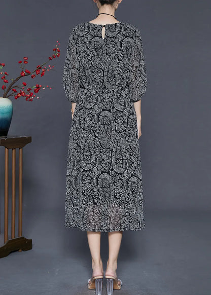 Black Tie Waist Print Chiffon Dress Summer